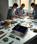 People working with Massive SMD Component Kit With 0603 And 0805 Resistors Capacitors LEDs MOSFETs Diodes And Transistors on a table