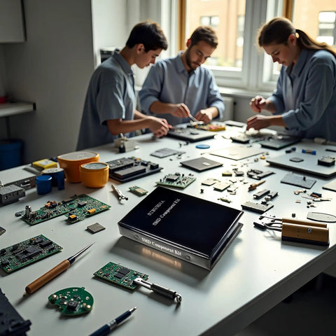 People working with Massive SMD Component Kit With 0603 And 0805 Resistors Capacitors LEDs MOSFETs Diodes And Transistors on a table