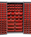 Straight Up Heavy Duty Storage Bin Cabinet With 132 Red Plastic Organizers Featuring Slick Louvered Doors Swinging Wide Open inside view with red trays.