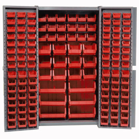 Straight Up Heavy Duty Storage Bin Cabinet With 132 Red Plastic Organizers Featuring Slick Louvered Doors Swinging Wide Open inside view with red trays.