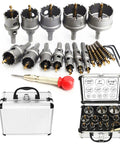 Heavy Duty 12 Piece Hole Saw Kit With Carbide Tipped Saws For Metal Working Includes 12 Cutters From 14mm To 54mm Plus 5 Drill Bits 2 Hex Keys And 1 Punch Locator For Stainless Steel Iron Aluminum Wood And Plastic displayed with case.