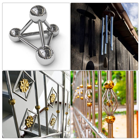 Set of stainless steel decorative metal pieces: chrome sphere sculpture, geometric railings with gold bead accents, and hanging wind chime tubes.