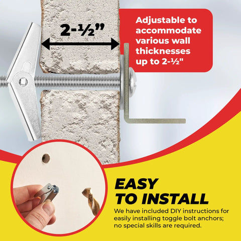 Heavy Duty Toggle Bolt Anchor Kit For Drywall Includes 1/8 X 2 In, 3/16 X 3 In, And 1/4 X 3 In Toggle Bolts for 2-1/2 inch wall thickness