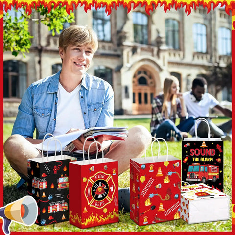 48 Count Firetruck Party Favors With Handles Bulk Pack For Kids Birthday Firefighter Candy Treat Bags Paper Goodie Bags Extinguisher Truck Theme Sound The Alarm Party Supplies displayed on grass with people in background