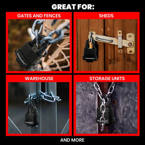 Rugged Outdoor Padlocks Keyed Alike 40mm 2-Pack Built Tough Stainless Steel Weatherproof Gate Locks securing various outdoor locations.