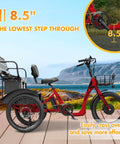 No Fuss Low Step Through Electric Tricycle For Adults With Passenger Bench And Massive Range 500W Torque Motor 7 Speed Shifting Smooth Cruise Trike Plug In And Go Red with 8.5 inch step-through design.