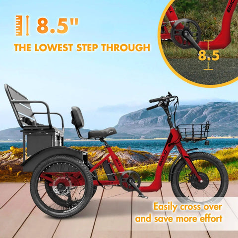 No Fuss Low Step Through Electric Tricycle For Adults With Passenger Bench And Massive Range 500W Torque Motor 7 Speed Shifting Smooth Cruise Trike Plug In And Go Red with 8.5 inch step-through design.