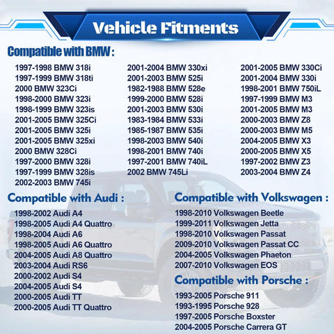 Compatibility chart for Windshield Washer Motor Pump Replacement For Audi A4 A5 A6 TT, BMW 3 Series, Mercedes C E S Class, VW, Porsche