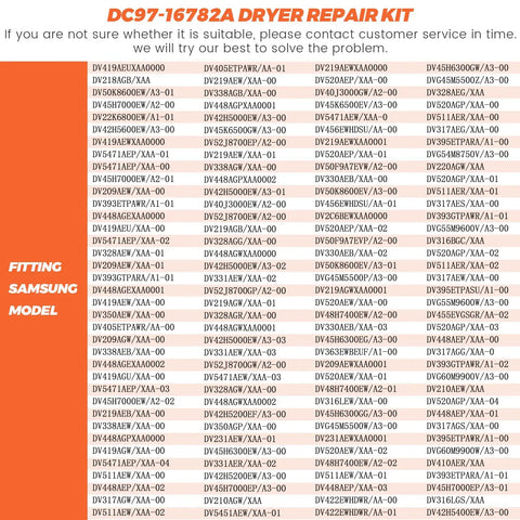 Text listing Samsung models fitting Upgraded Dryer Repair Kit With Drum Rollers Idler Pulley Belt And Self Lubricating Tension Spring
