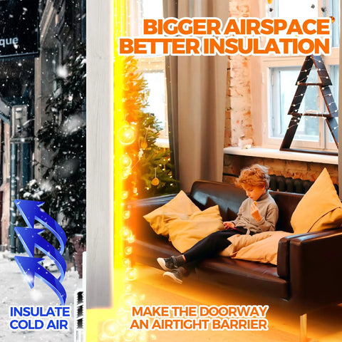 Boy sitting on sofa in warm room, snowy winter scene outside a window, demonstrating effect of door draft stopper weather stripping kit use.