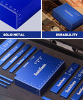 15 Piece Inch Setup Blocks Precision Height Gauge Set With Carpenter Pencil And Sharpener Shop Tough Woodworking Bench Kit For Dead On Router Table And Table Saw Alignments Bombproof Gear layout showing blue aluminum gauges and ruler measurements.