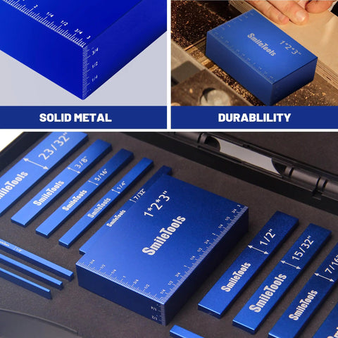 15 Piece Inch Setup Blocks Precision Height Gauge Set With Carpenter Pencil And Sharpener Shop Tough Woodworking Bench Kit For Dead On Router Table And Table Saw Alignments Bombproof Gear layout showing blue aluminum gauges and ruler measurements.