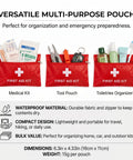 12 Pack Empty First Aid Kit Bags Bulk Set For DIY Emergency Supplies Water Resistant Travel Medical Organizer Pouches In Red 11x16cm Ideal For Home Car Office Camping Outdoors Bag Only displayed with various contents inside.
