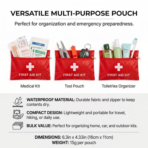 12 Pack Empty First Aid Kit Bags Bulk Set For DIY Emergency Supplies Water Resistant Travel Medical Organizer Pouches In Red 11x16cm Ideal For Home Car Office Camping Outdoors Bag Only displayed with various contents inside.