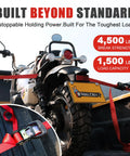 Beefed Up Heavy Duty Ratchet Straps 4 Pack 4500 Lbs Breaking Strength securing motorcycle in bed of truck with padded handles