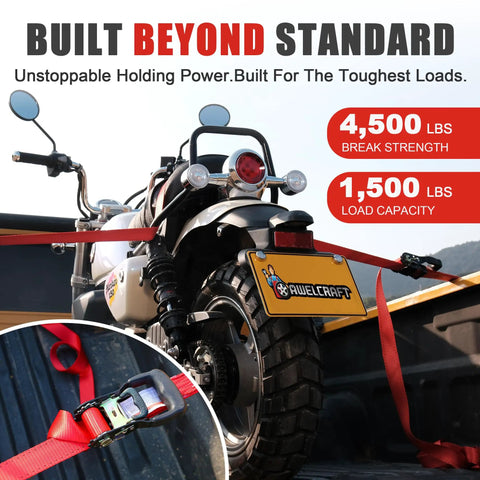 Beefed Up Heavy Duty Ratchet Straps 4 Pack 4500 Lbs Breaking Strength securing motorcycle in bed of truck with padded handles