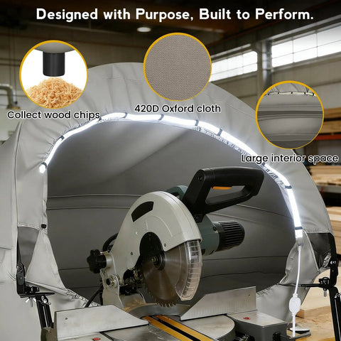 Heavy Duty Miter Saw Dust Collection Hood With LED Light Durable Gray Oxford Fabric Table Saw Dust Collector Installed