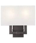 Front view of Meridian Collection Transitional Two Light Wall Sconce In English Bronze Finish With Warm Oatmeal Fabric Shade