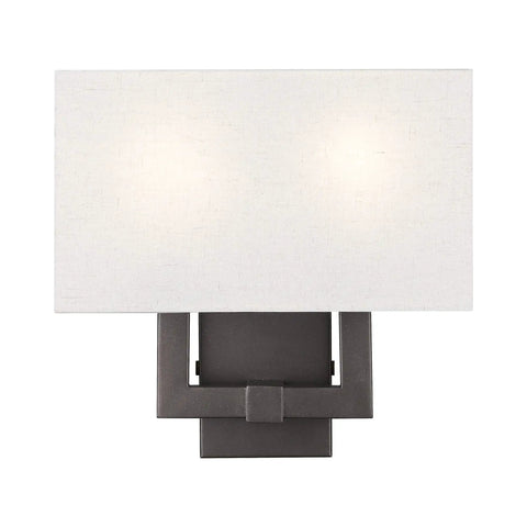Front view of Meridian Collection Transitional Two Light Wall Sconce In English Bronze Finish With Warm Oatmeal Fabric Shade
