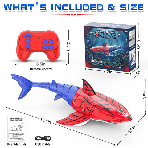 Remote Control Shark Toy For Kids Rad Totally Dual Motors RC Shark With Waterproof Remote LED Eyes Pool Toy Gift For Boys And Girls Ages 4 To 12 Birthday, showing toy, remote, box, and accessories.