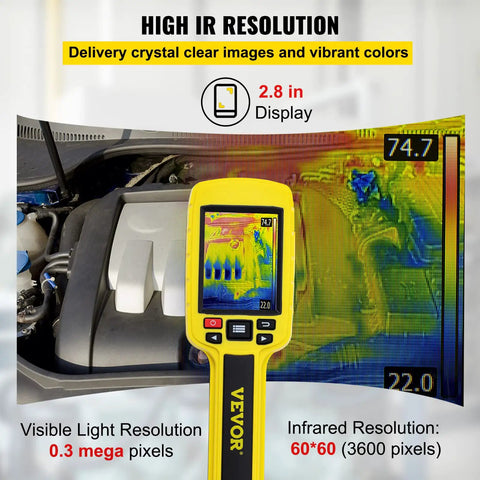 Pro Grade Thermal Imaging Camera 60x60 Infrared Resolution in use showing engine heat patterns and 2.8 inch color display