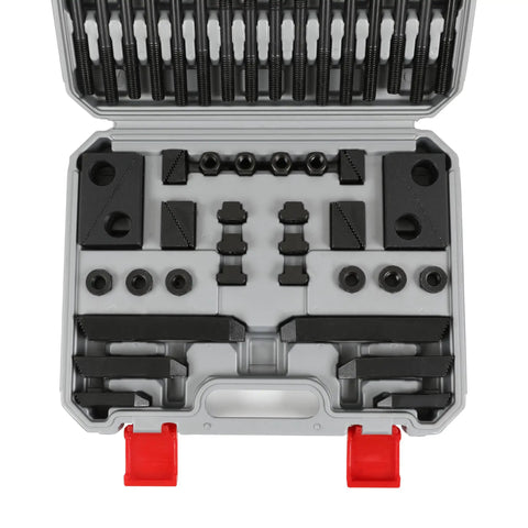 58 Piece Hold Down Clamp Set For Milling Machines With Three Quarters Inch Slot And Five Eighths Inch Eleven Thread Studs in case