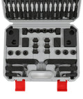 Five Eighths Inch T Slot Hold Down Clamp Kit For Milling Machines And CNC, Includes One Half Inch Thirteen Thread Studs, T Nuts And Step Clamps, 58 Piece Set For Bridgeport Style Mills And Other Milling Machines. open case with T-slot clamps, studs, and nuts