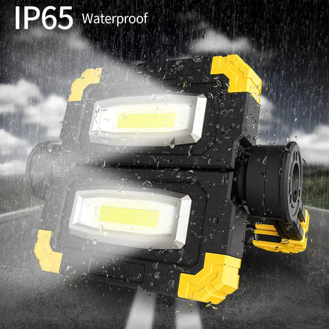 Rechargeable 360 Degree Rotating LED Work Light With 2000 Lumen Brightness in rain showing IP65 waterproof feature