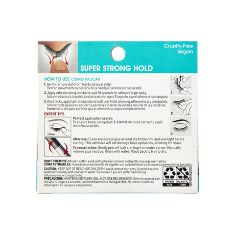Instructions and packaging of Super Strong Black Lash Glue For Strip Lashes And Clusters With Biotin And Blueberry Extract.