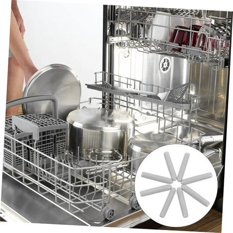 50 Piece Flexible Dishwasher Rack End Covers Tough Vinyl Caps For Prong Guard in a diswasher with pots and cutlery.