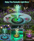 Powerful 5W Solar Powered Water Fountain For Bird Bath With All Glass Panel Colorful Light Show 7 Nozzles Anti Drift Fixer 2000mAh Battery Upgraded High Flow Outdoor Decor That Delivers Kickass Spray in garden scene with birds and lights
