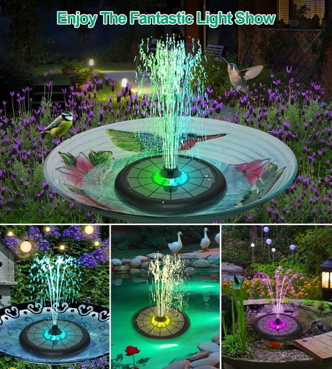 Powerful 5W Solar Powered Water Fountain For Bird Bath With All Glass Panel Colorful Light Show 7 Nozzles Anti Drift Fixer 2000mAh Battery Upgraded High Flow Outdoor Decor That Delivers Kickass Spray in garden scene with birds and lights