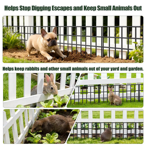 15 Pack Dog And Critter Barrier Fence With 21.25 Feet Of No Dig Under Fence Barrier showing installed sections with animals