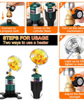 Instructional steps to connect and use a Portable Propane Heater For Outdoor Use With Foldable Base And Cart Cup Holder 2 In 1 Patio Heater Safe Cordless Gas Heater With No Electricity Needed Heats Up To 200 Sq Ft For Camping Tailgating Fishing And Picnics.