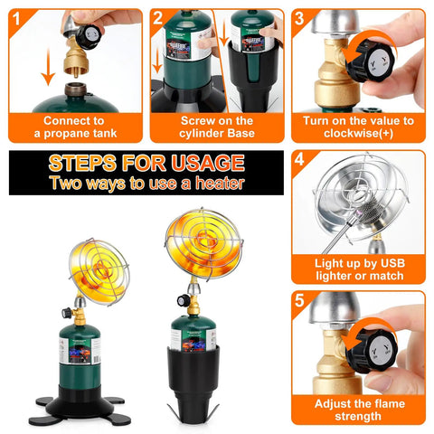 Instructional steps to connect and use a Portable Propane Heater For Outdoor Use With Foldable Base And Cart Cup Holder 2 In 1 Patio Heater Safe Cordless Gas Heater With No Electricity Needed Heats Up To 200 Sq Ft For Camping Tailgating Fishing And Picnics.