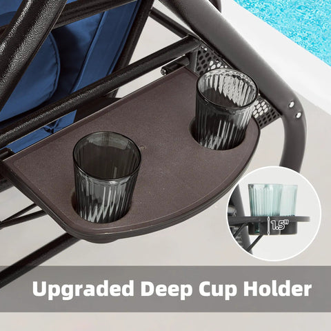 Upgraded cup holder detail on Three Seat Outdoor Porch Swing With Adjustable Canopy And Stand, Convertible Patio Glider Bed