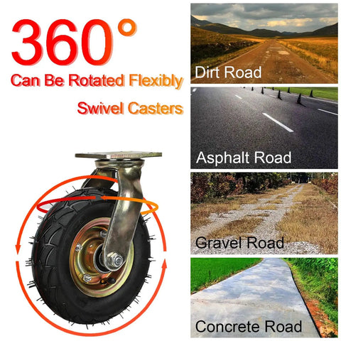 Built Like A Tank Heavy Duty 10 Inch Air Filled Rubber Swivel Caster Wheels 4 Pack on various terrains showcasing flexibility and rotation.