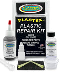 Plastic Repair Kit For Home DIY Fixes Glue Cracks And Gaps In Plastic Fiberglass And Wood Remake Parts And Rebuild Mounting Points Repairs Stripped Threads In Rigid Plastics Standard Black Kit containing black repair powder, activator, and tools.