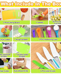 Toy 46 PCS Kids Knife Set by Amazon; features green cutting boards, kid knives, Y-peeler, fruit cutters, measuring cups.