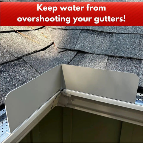 Rain Gutter Valley Splash Guards Set Two Pack Straight Or Bent For Inside Corners And Outside Corners White Finish Premium Aluminum Water Overshoot Shield Includes Screws And One Quarter Inch Bit Driver For Easy Install