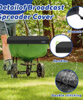 Waterproof 600D Heavy Duty Spreader Cover For Broadcast Spreaders P20-5010 And 85-100 Lb Fertilizer Spreaders Rain Or Shine All Weather UV Shield Dirt Debris Guard on green spreader, showing features like drawstring, handles, and double stitching.