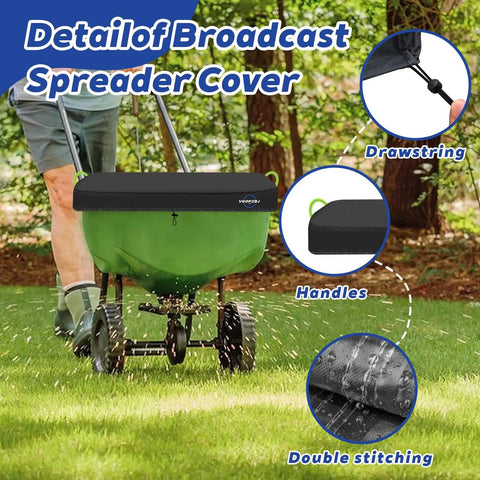 Waterproof 600D Heavy Duty Spreader Cover For Broadcast Spreaders P20-5010 And 85-100 Lb Fertilizer Spreaders Rain Or Shine All Weather UV Shield Dirt Debris Guard on green spreader, showing features like drawstring, handles, and double stitching.