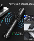 Ultra Bright LED Rechargeable Flashlights Two Pack With LCD Battery Display, USB-C charging options like car charger, power bank.