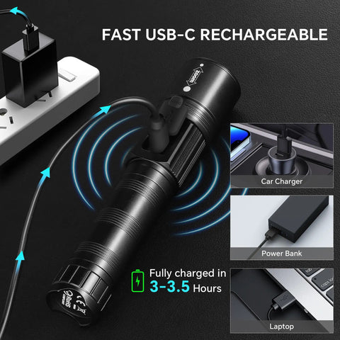 Ultra Bright LED Rechargeable Flashlights Two Pack With LCD Battery Display, USB-C charging options like car charger, power bank.