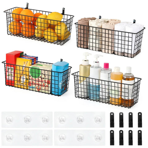 Extra Large Hanging Wall Mount Storage Baskets 4 Pack Sleek Black Wire Metal Organizer With Adhesive And Steel Hooks Badass Durability Zero Hassle Setup For Kitchen Bathroom Pantry And Utility Spaces