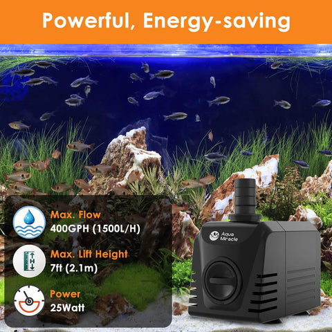 Submersible Water Pump for Aquarium and Pond, Adjustable Flow Control, 400 GPH, 25W, Energy Efficient and Quiet displayed in aquarium