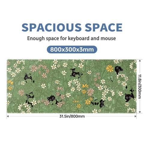 XL Plant Themed Mouse Pad 31.5 X 11.8 Inches, green desk mat with floral design, spacious surface for keyboard and mouse.