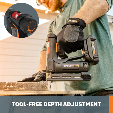 Person using Nitro 20V Cordless Crown Stapler With Air Impact Technology For Heavy Duty Fastening Drives One Quarter Inch Staples.