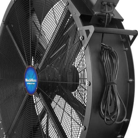 Hella Powerful 47 Inch Portable Industrial Fan With Stepless Variable Speed Motor showing close-up of fan blades and housing.