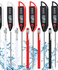 Six Piece Waterproof Digital Food Thermometer Set With Long 9.2 Inch Probes, visible in black, white, and red against water splash.